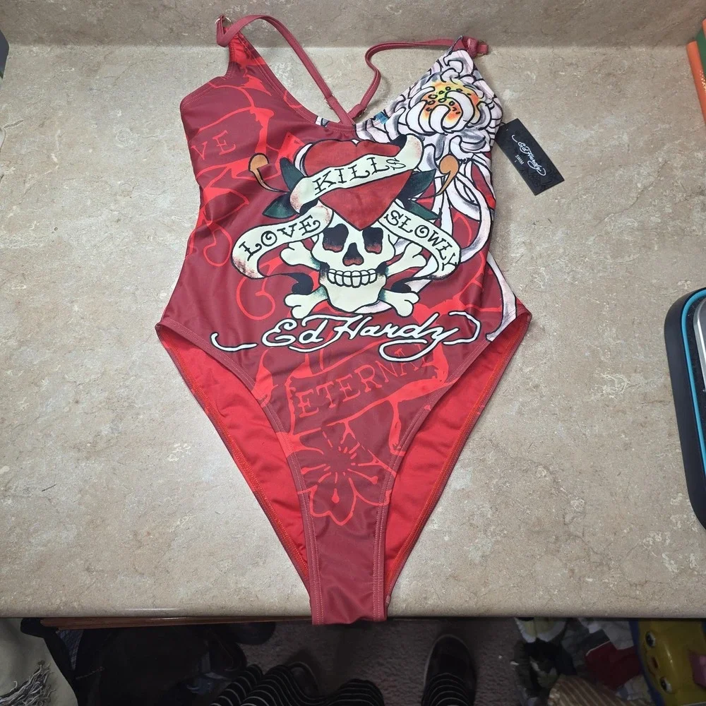Y2K Ed Hardy Swimsuit Women L Red Love Kills Slowly One‎ Pc Tattoo Skull Graphic